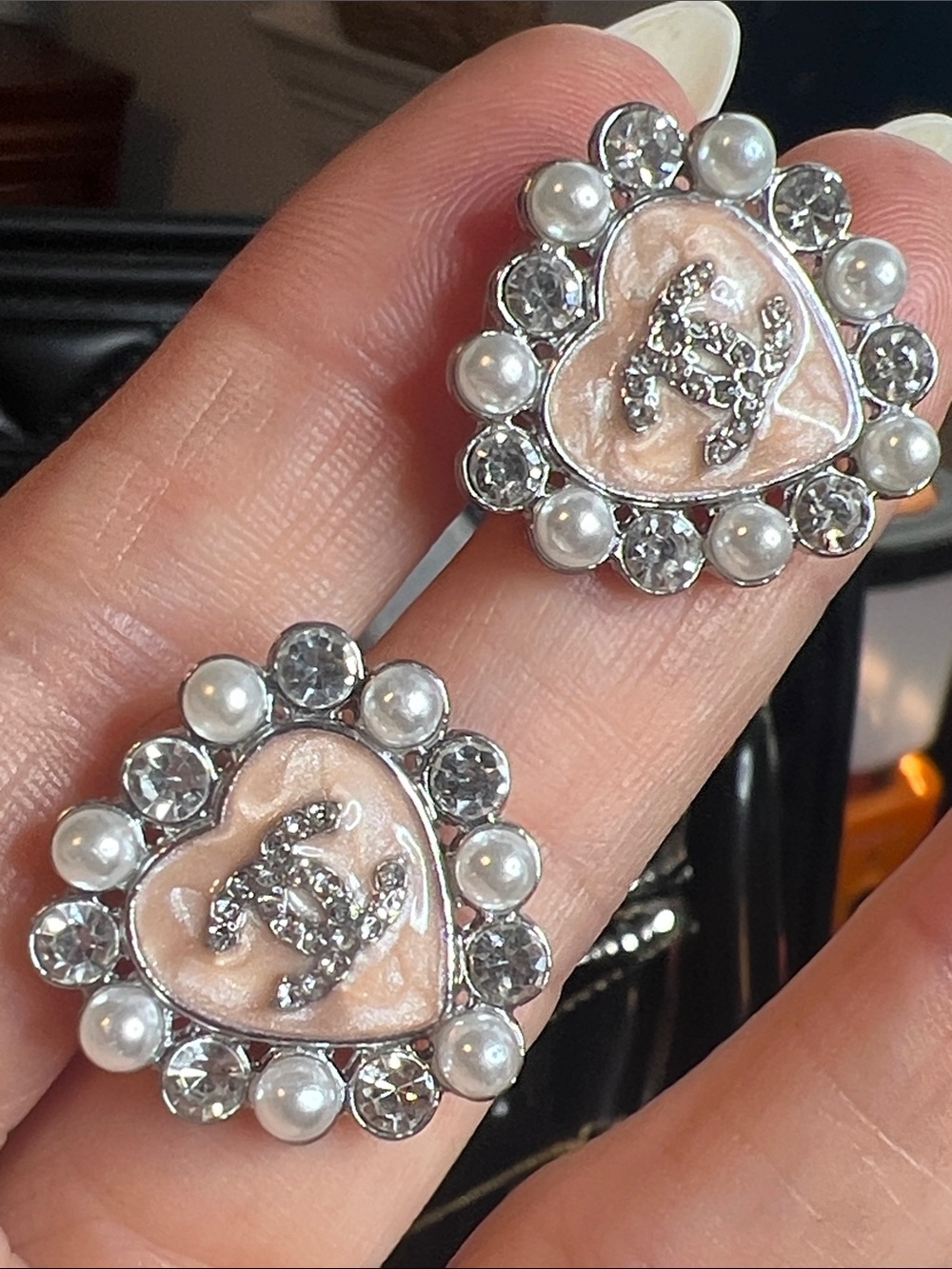 Heart-Shaped Pearl & Crystal Stud Earrings - Pink